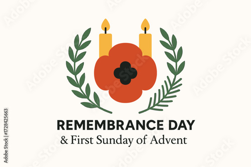 Remembrance Day and First Sunday of Advent Minimal Flat Illustration with Symbolic Emblems