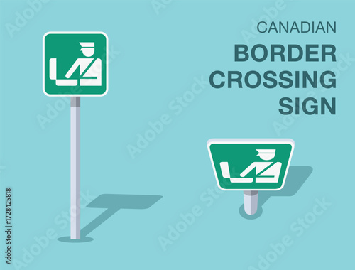 Traffic regulation rules. Isolated canadian "border crossing" road sign. Front and top view. Flat vector illustration template.