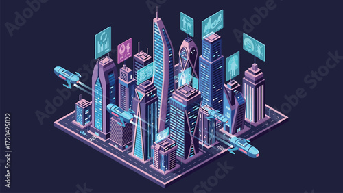 Futuristic Smart City Vector Illustration with Isometric Design, Neon Lights, and Flying Vehicles