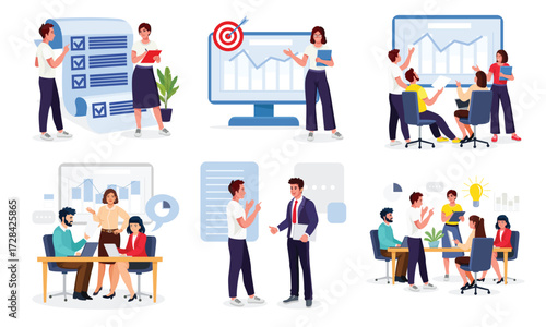 Business meeting illustration, (diverse team, corporate, teamwork, modern workspace