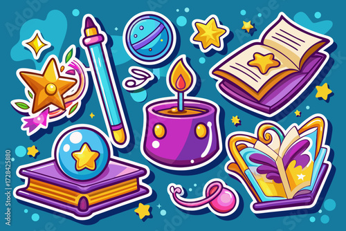 Magical wand book candle star orb and potion bottle vector stickers for fantasy and enchantment art projects