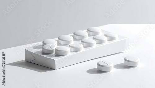A minimalist image of a white blister pack of pills, with two pills resting outside the pack on a white surface, illuminated by a strong light source casting shadows