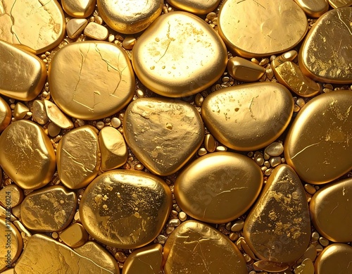 Close-up of a dense collection of smooth, gold-painted stones of varying sizes and shapes, some showing subtle cracks, set against a backdrop of smaller gold particles