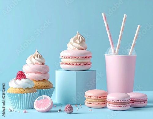 Pastel pink and blue cupcakes, macarons, and a drink cup arranged on a light blue surface with sprinkles and a citrus slice