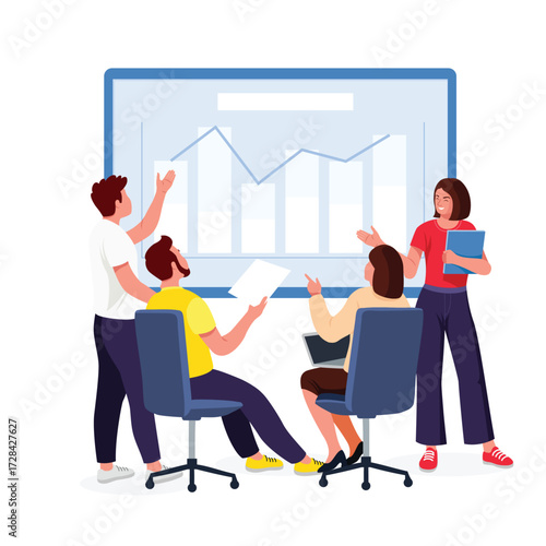 Illustration of people in a meeting, exchanging ideas, presenting about their business targets
