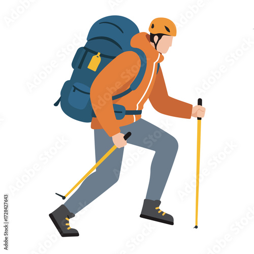 Dynamic flat illustration of an adventurous male hiker ascending uphill with a backpack and poles, embodying outdoor sports and wilderness exploration
