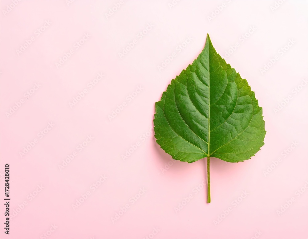 Fototapeta premium Single vibrant green leaf centered on a soft pink background, exhibiting prominent veins and a pointed tip