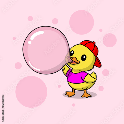 Illustration of a cute duckling wearing a purple shirt and red hat making a balloon out of chewing gum. Perfect for celebrating National Chewing Gum Day on September 30th. T-shirt design.