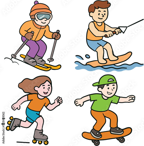 LET'S GO SNOW SKIING, WATERSKIING, ROLLERBLADING AND SKATEBOARDING. VECTOR ILLUSTRATION.eps