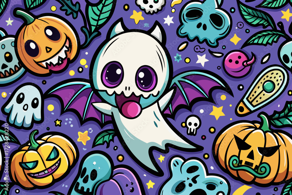 Obraz premium Whimsical halloween ghost bat doodle seamless repeat vector illustration fun spooky art scalable graphic design