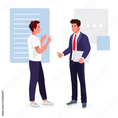 Illustration of two businessman having a meeting, chatting, presenting about business