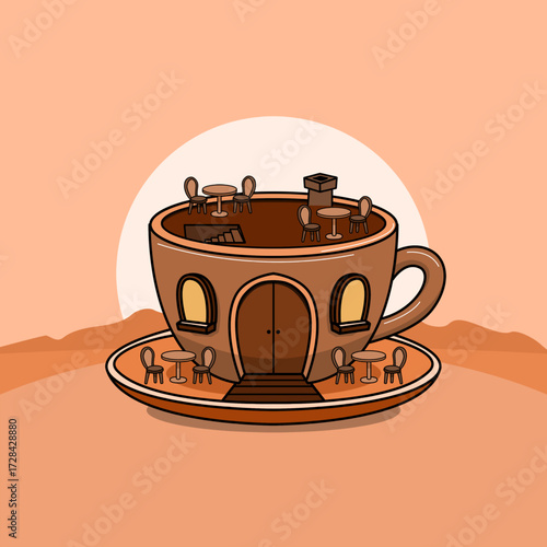 A small cafe building shaped like a coffee cup at sunset. Perfect for celebrating International Coffee Day on October 1st.