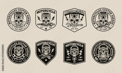 Edgy skull logos with pistons wrenches and helmets for motorcycle custom garages and apparel brands