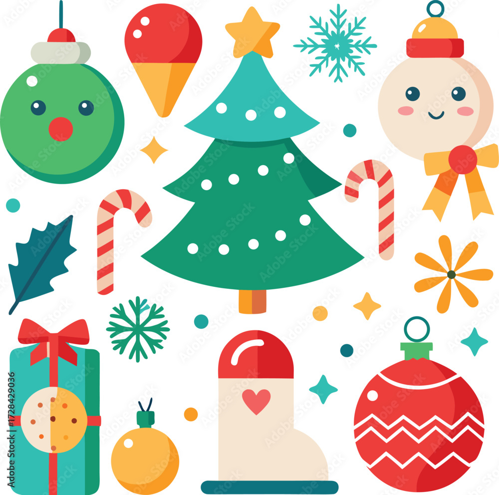 Fototapeta premium Vector art of a vibrant assortment of christmas elements including a tree, ornaments, a gift, a snowman, candy canes, and snowflakes, presented on a clean for easy use