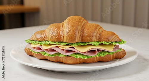 Delicious croissant sandwich with ham, cheese, and lettuce on a white plate, a tasty and satisfying meal for breakfast or lunch