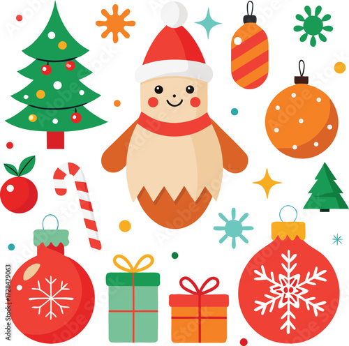 Vector art of a charming collection of christmas icons such as a tree, snowman, ornaments, gifts, and candy canes, all isolated on a, ideal for festive marketing