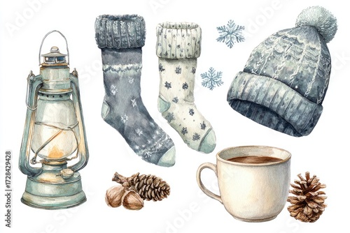 Watercolor winter cozy set with lantern socks hat cup