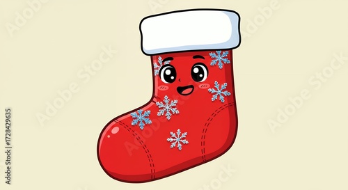 Cheerful cartoon christmas stocking with snowflake decorations illustration
