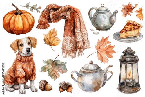 Watercolor autumn set with pumpkin dog scarf tea pie