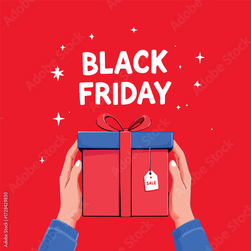 Black Friday gift box vector with SALE tag and festive stars for retail promotions, ecommerce ads, and holiday campaigns