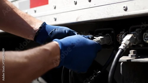 Professional Truck Drivers Hands in Blue Gloves Connecting Electrical Power Cord to a SemiTrailer.