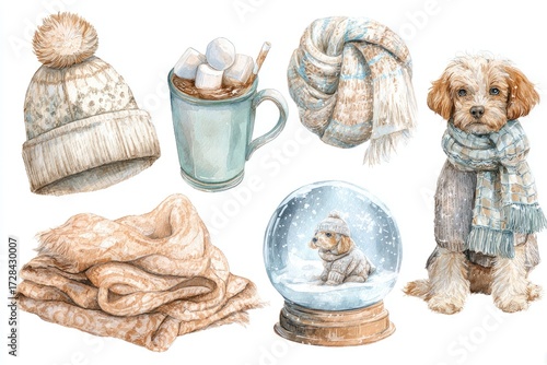 Watercolor winter cozy set with hat scarf cocoa dog snow globe