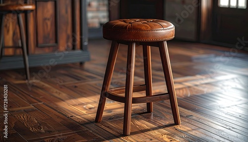 A rustic, brown leather-topped bar stool with a wooden frame sits on a dark wood floor, bathed in sunlight