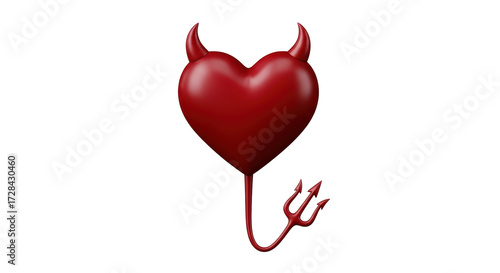 Isolated symbolic heart, red color, devils horns, tail with trident, dark love and hatred