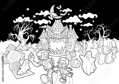 Halloween scene with haunted house and children