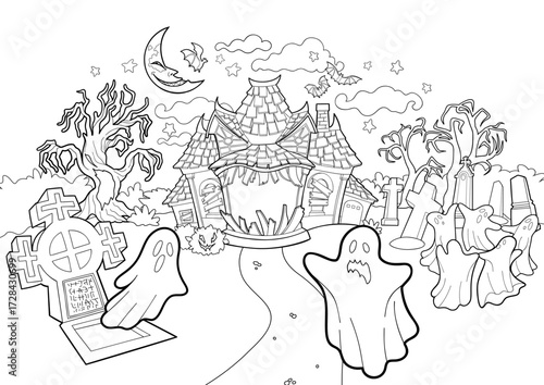 Halloween night scene with haunted house