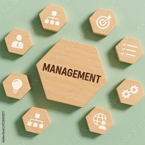 Business Management and Leadership Development. Wooden hexagonal blocks with management icons on pastel background, representing strategic planning, team leadership and organizational workflow concept