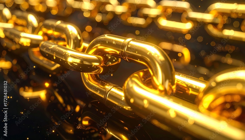 Fototapeta premium Golden chain links glowing brightly together, symbolizing strength, unity, value, and durability with radiant bokeh background and warm metallic highlights.