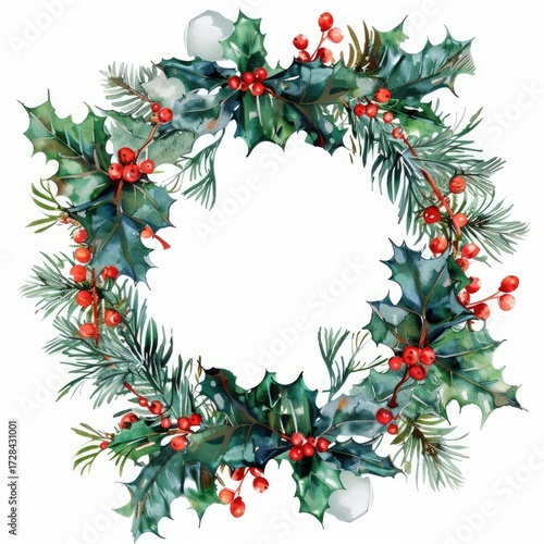 Watercolor christmas wreath with holly leaves and berries