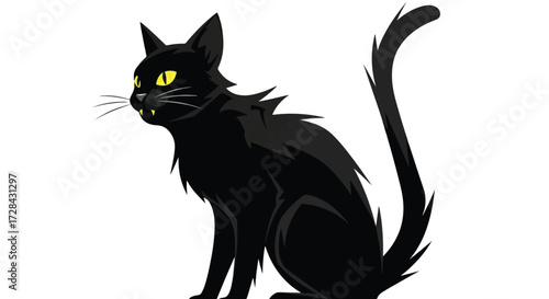 A stylized illustration of a black cat with bright yellow eyes sitting and looking to the left.