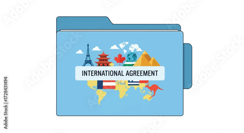 International agreement folder with world map and iconic landmarks symbolizing global cooperation.