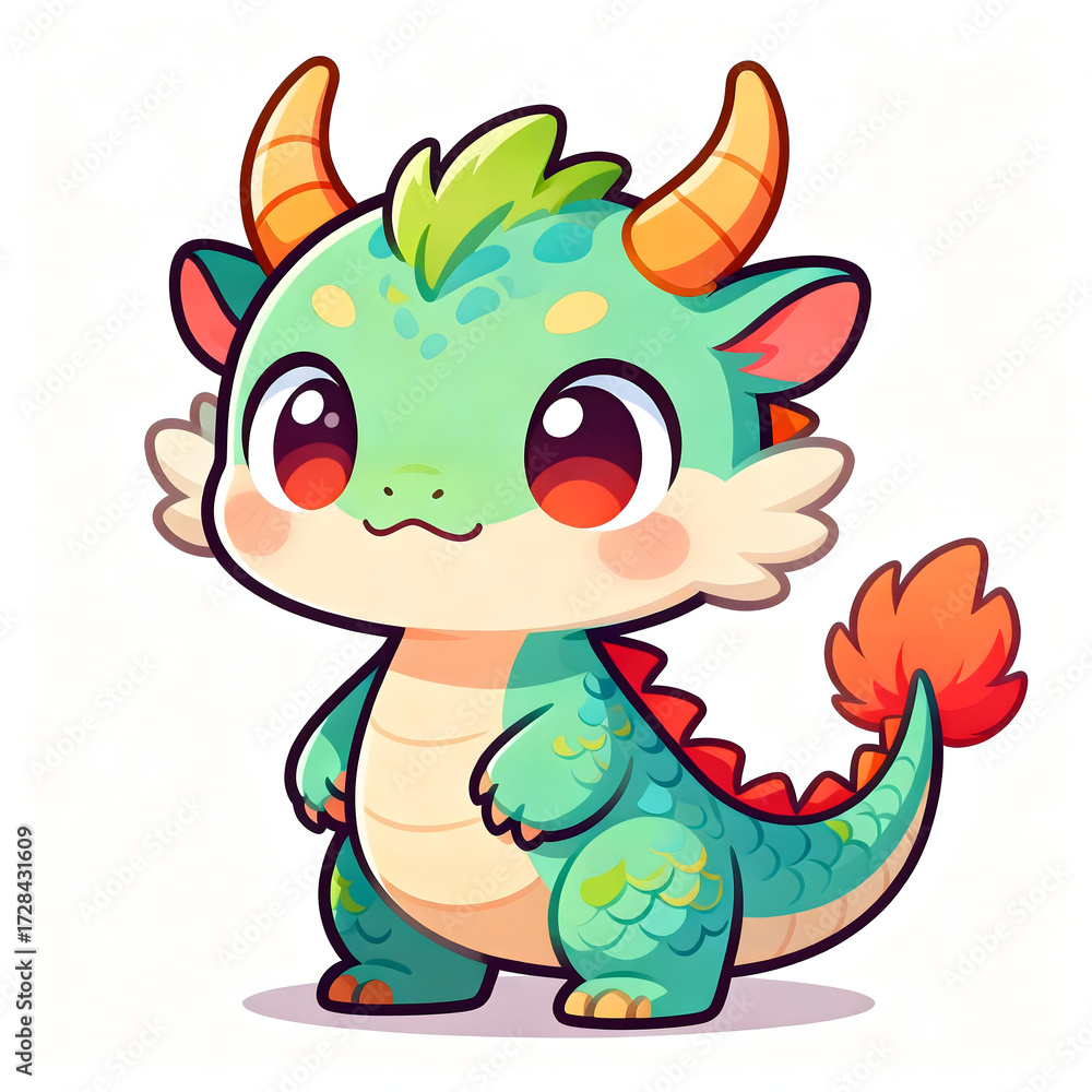 Obraz premium Adorable chibi green dragon character with scales and fiery tail standing on ground