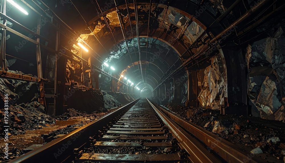 Naklejka premium Underground railway tunnel with lights, stone walls, metal beams, perspective view, and illumination, showing engineering and transportation infrastructure in detail.