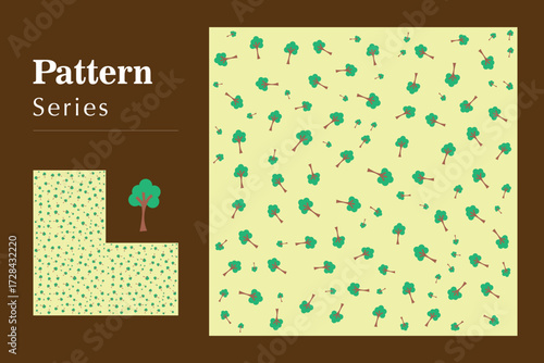 Whimsical forest pattern featuring charming cartoon trees and lush green foliage on a light background, ideal for child-friendly designs and eco-themed projects
