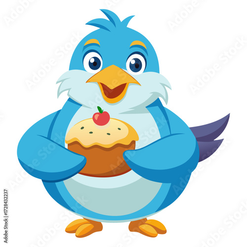 A chubby Albatross cartoon character holding its stomach while eating cake.