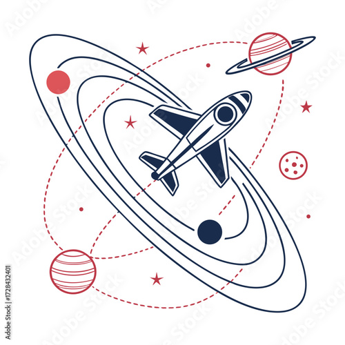 Interstellar Voyage: An illustrated rocket gracefully navigates the intricate orbits of celestial bodies, symbolizing humanity's boundless exploration of space.