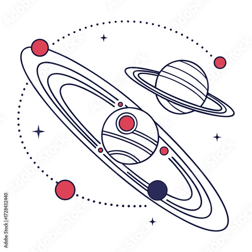Celestial Ballet: A minimalist, stylish illustration depicts celestial bodies in harmonious orbital dance. The planets, adorned with rings and subtle shading.