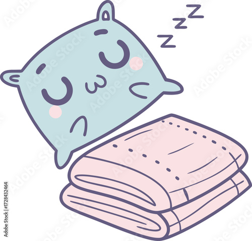 Cartoon pillow sleeping beside folded blankets illustration