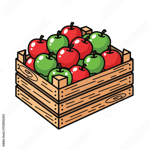 A wooden crate overflowing with a colorful assortment of fresh red and green apples, ready for harvest or sale.