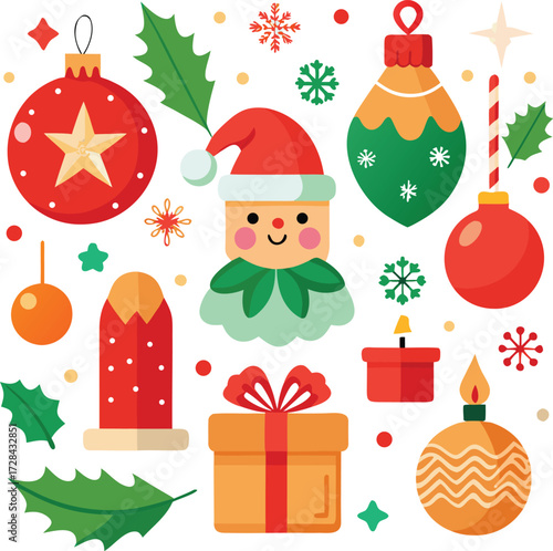 Vector art of a vibrant assortment of christmas symbols such as a gingerbread man, baubles, a gift box, holly leaves, and a candle, all isolated on a