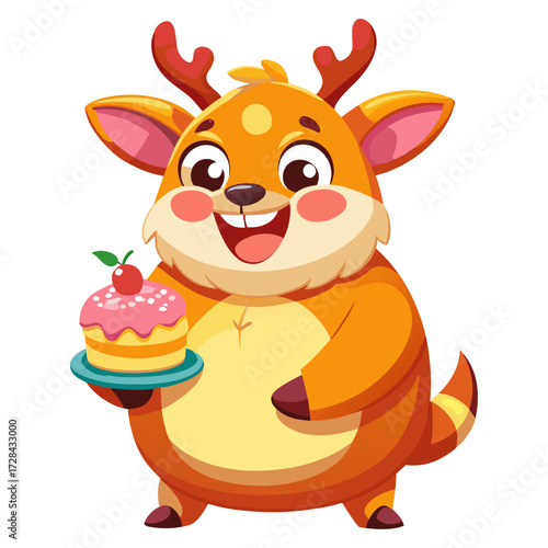 A  chubby Deer cartoon character holding its stomach while eating cake.