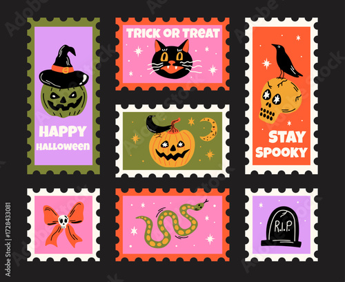 Halloween post mail stamps sticker design elements set with cute bold groovy funky cartoon vector illustration of spooky pumpkin, witch hat, magical black cat, skull, crow, snake