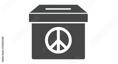 A dark gray graphic illustration of a ballot box with a white peace symbol on its front.