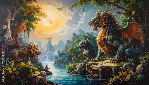 A vibrant, fantastical painting depicting three majestic dragons in a lush, sunlit landscape with waterfalls, mountains, and a peaceful lake