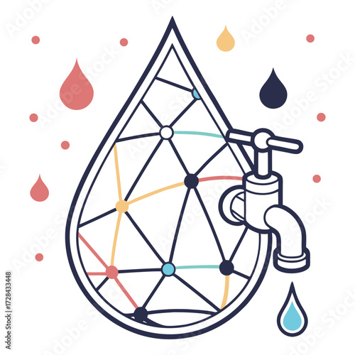 Connected Water: An intricate illustration of a water drop shape with a tap, symbolizing interconnectedness, the global water system and the vital link between resources and the environment.