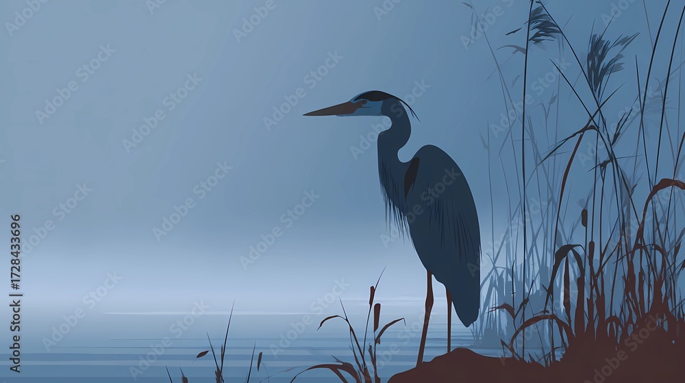 Naklejka premium Still water and rustling reeds frame a lone heron standing quietly, perfect for wildlife or nature visuals.